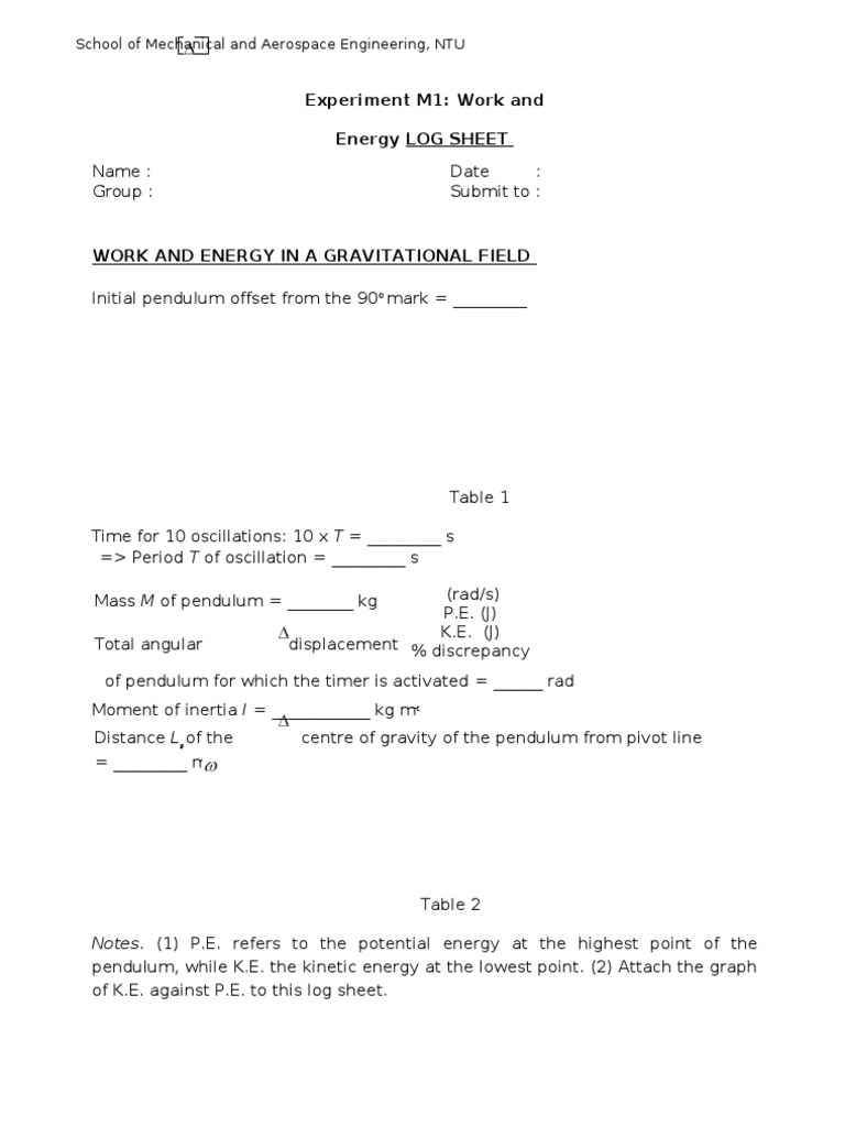 Experiment M1: Work and Energy Log Sheet: School of Mechanical and ...