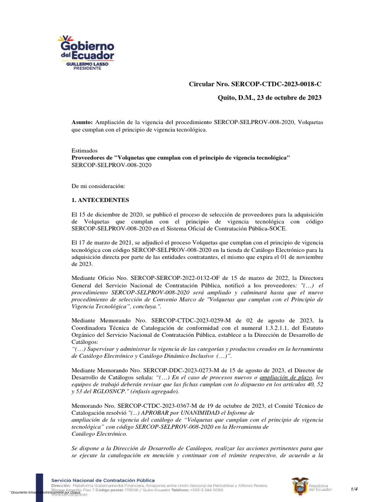 Ampliación Vigencia SERCOP-SELPROV-008-2020 | PDF | Gobierno
