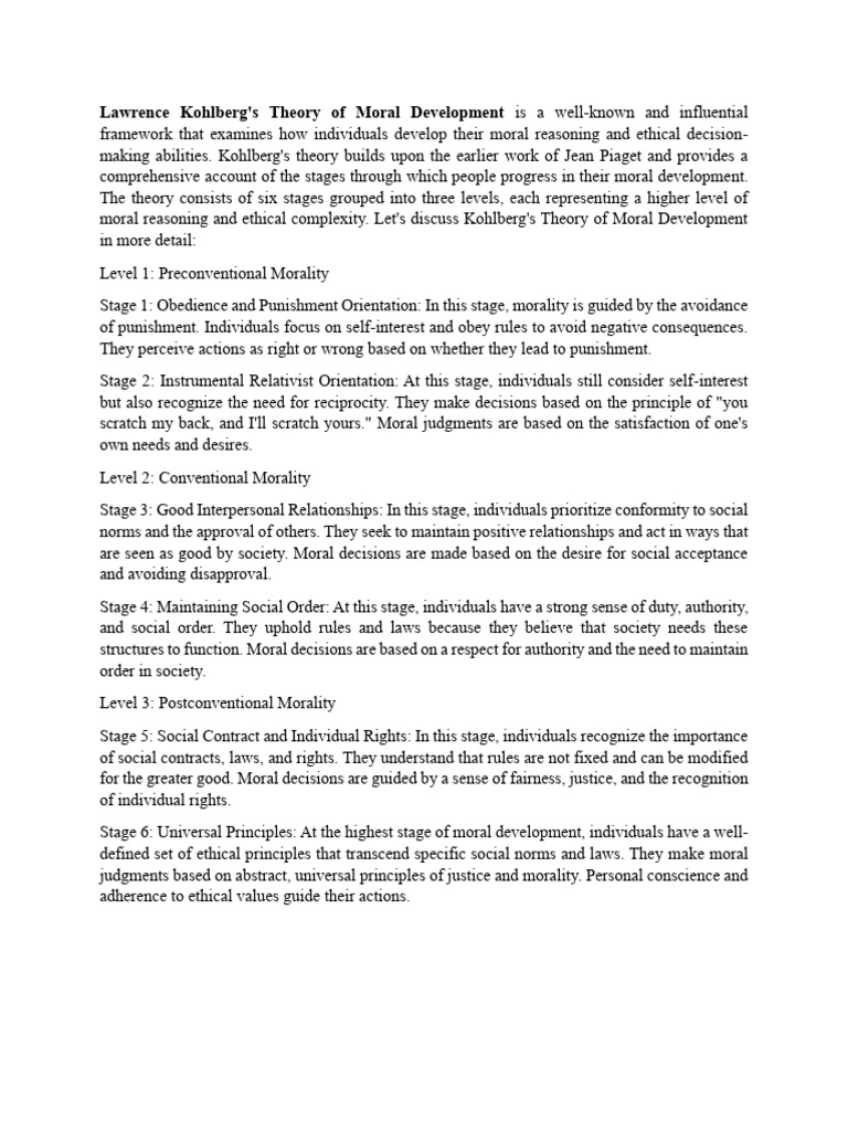 Lawrence Kohlbergs Theory of Moral Development PDF Morality Psychological Concepts