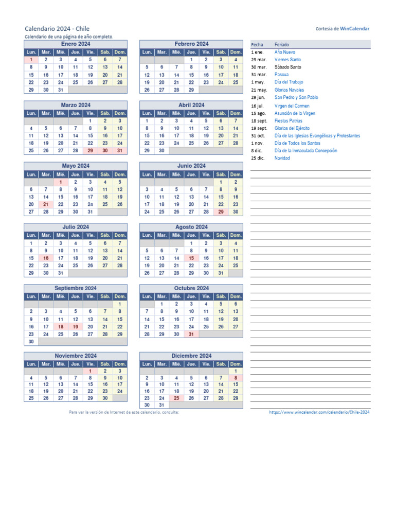 Calendario 2024 Chile: Feriados y Fechas | PDF | Calendario | Observancias