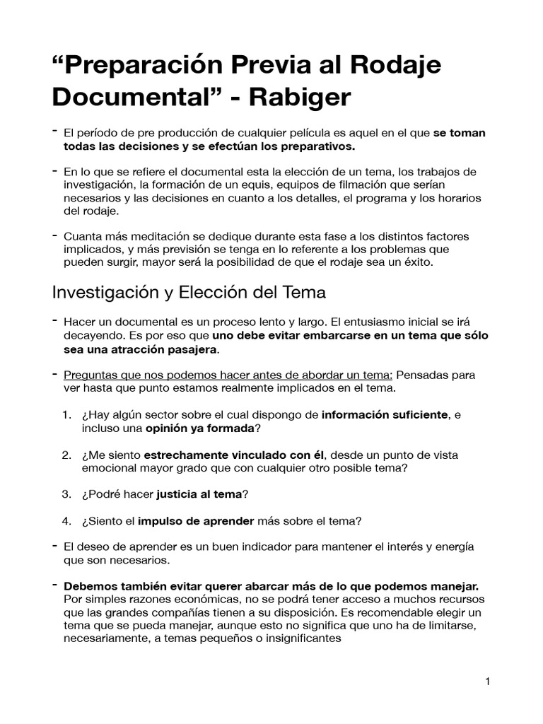 “Preparación Previa al Rodaje Documental” - Rabiger | PDF | Narración