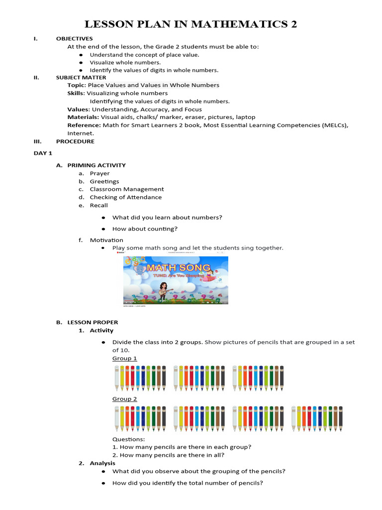 Grade 2 Math Lesson Plan: Week 1 | PDF | Lesson Plan | Mathematics