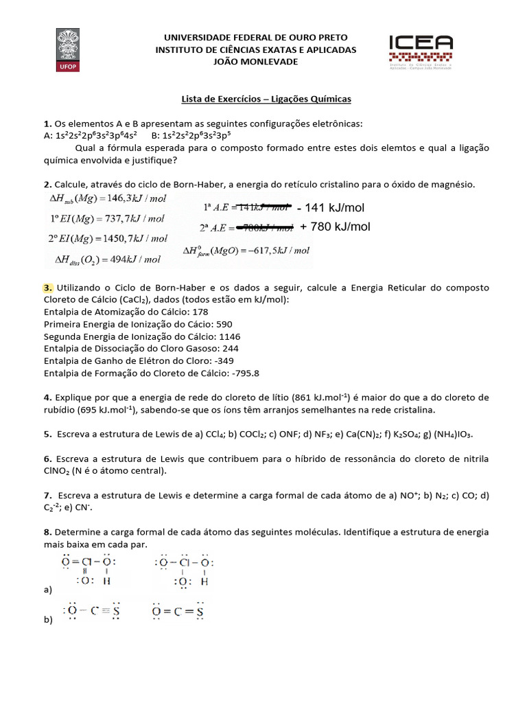 Lista de Exercícios sobre Ligações Químicas | PDF | Ligação química ...