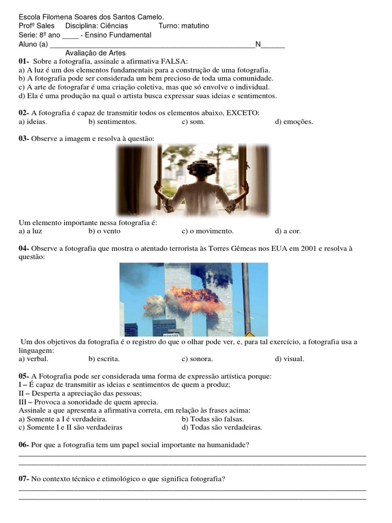 Atividade de Artes - 8º Ano - Elementos Da Fotografia | PDF