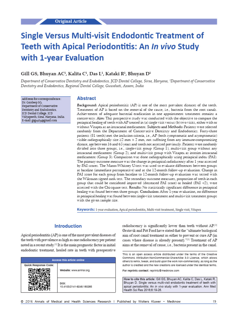 Single Versus Multi Visit Endodontic Treatment of PDF Dentistry