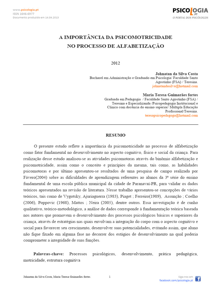 Psicomotricidade e Alfabetização Infantil PDF Alfabetização