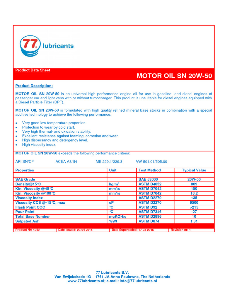 Motor Oil SN 20W-50 Product Data Sheet | PDF | Motor Oil | Engineering