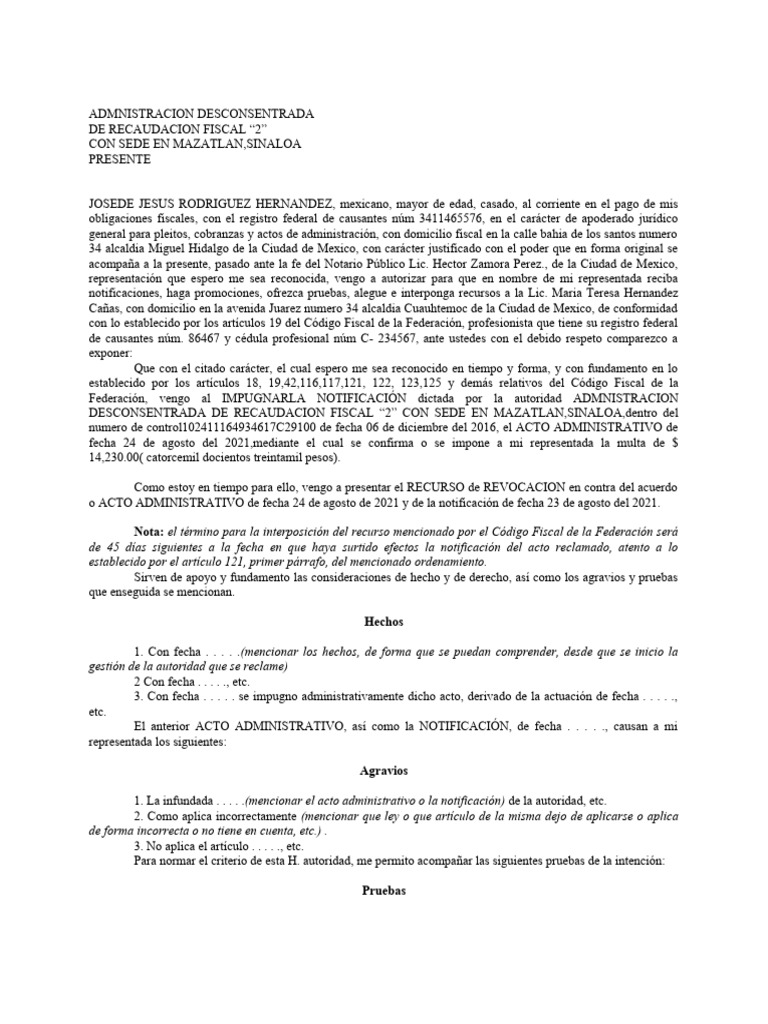 Escrito para Impugnar Una Notificación o Acto Administrativo Ante La ...