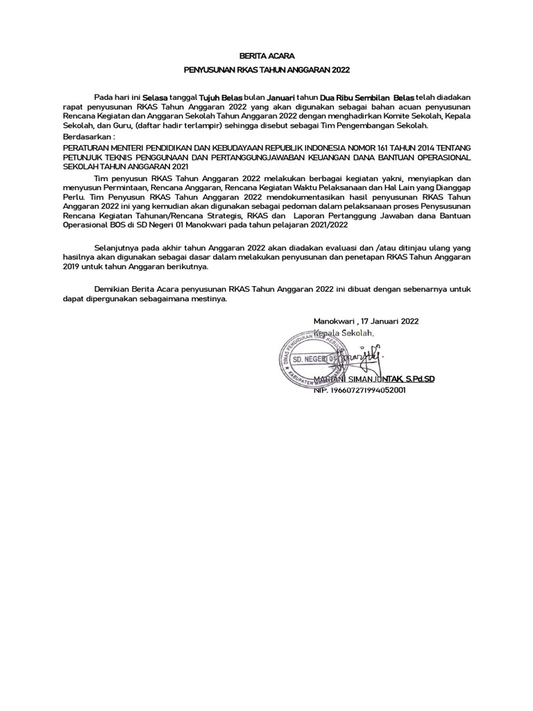 Penyusunan RKAS 2022 SD Negeri 01 Manokwari | PDF