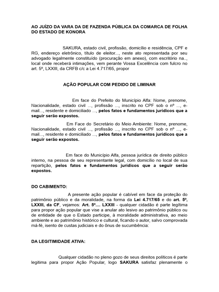 Ação Popular com Liminar contra Prefeito | PDF | Justiça | Crime e ...