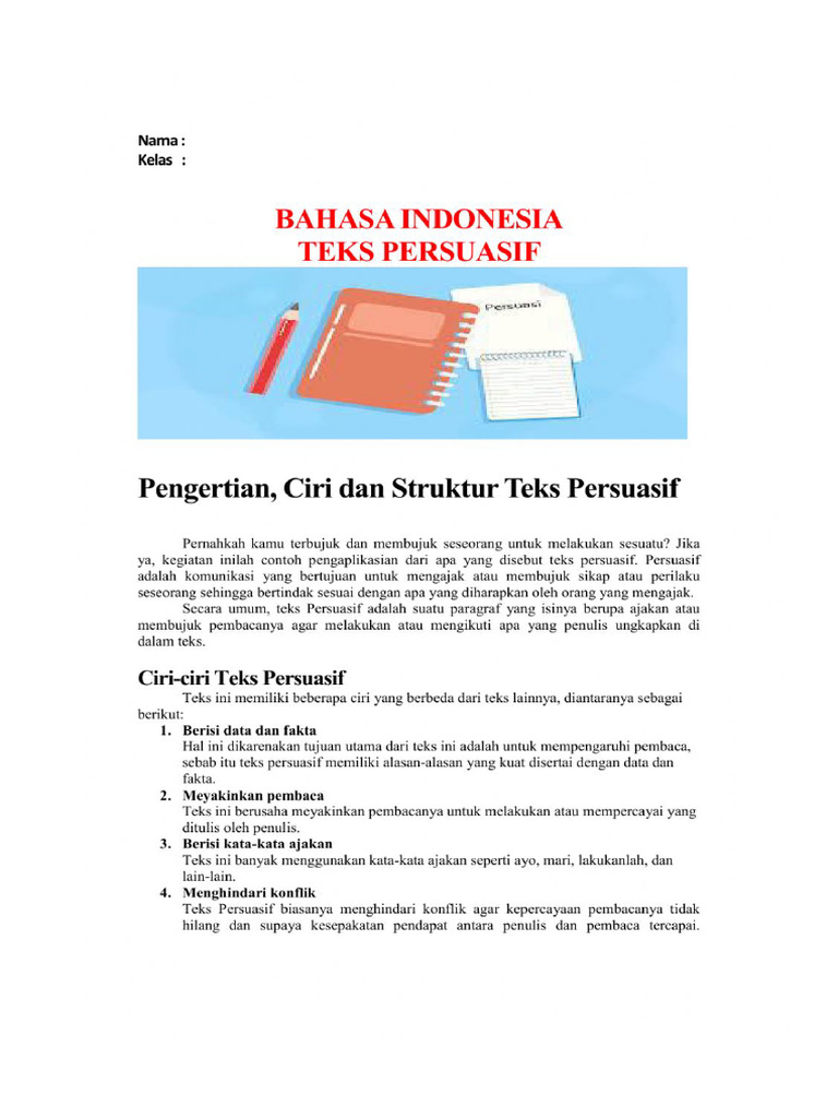 Teks persuasi dalam bentuk buku dan kertas menulis di meja