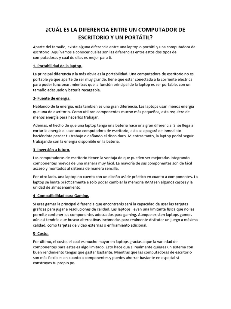 Diferencias entre laptop y desktop | PDF | Ordenador portátil ...