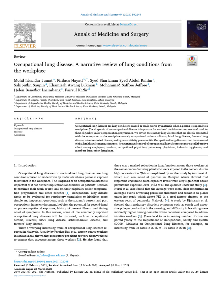 Occupational Lung Disease A Narrative Review of Lung Conditions From ...
