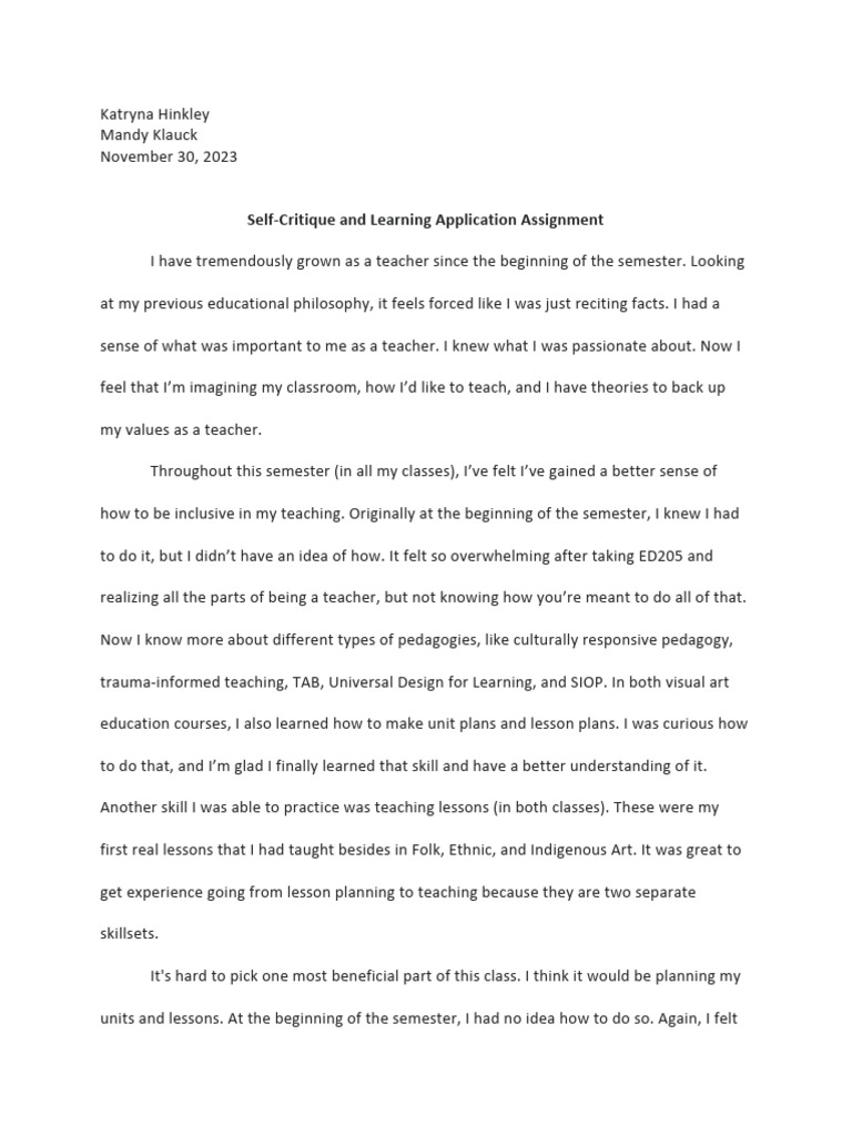Self critique and learning application pdf lesson plan teachers
