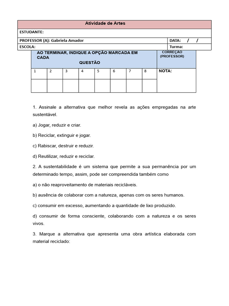 Atividade de Artes | PDF | Reciclagem | Quadrinhos