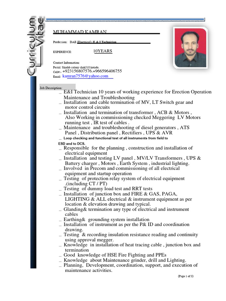 E & I Technician CV | PDF | Electrical Engineering | Electrical Components