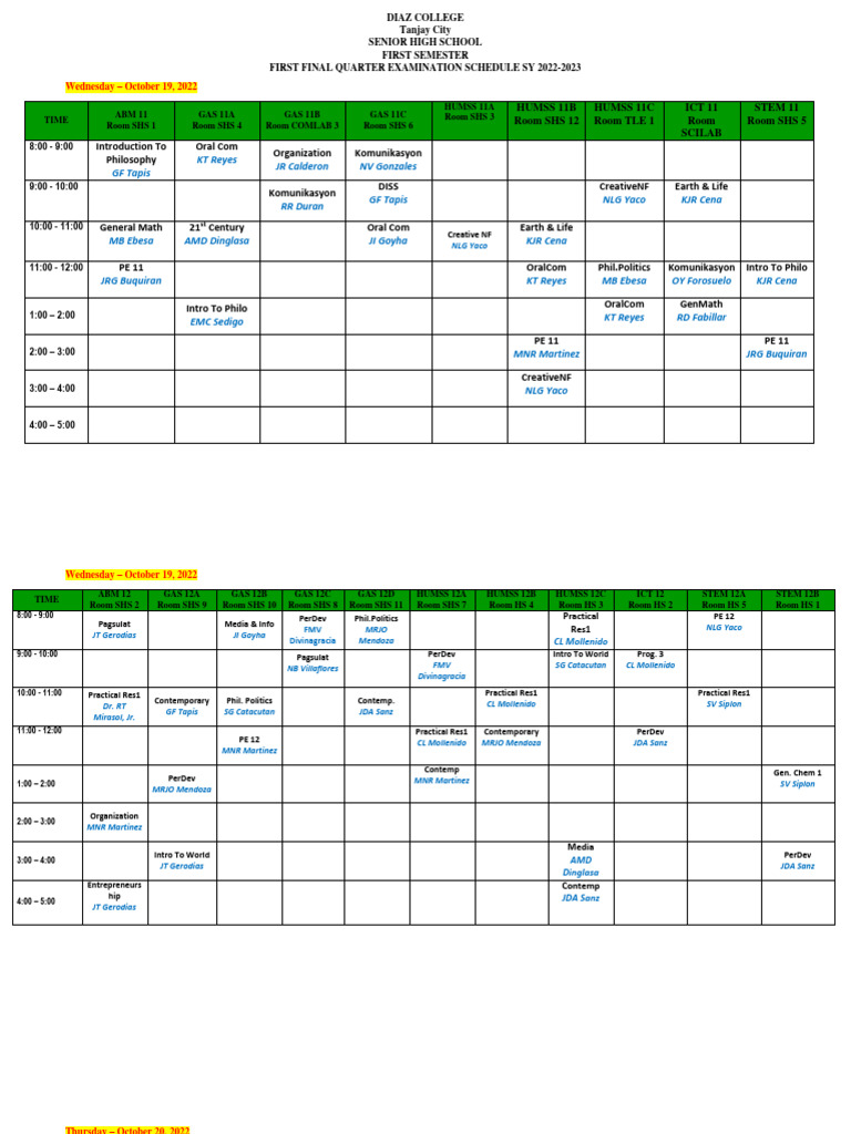 Exam Schedule for Diaz College SHS | PDF