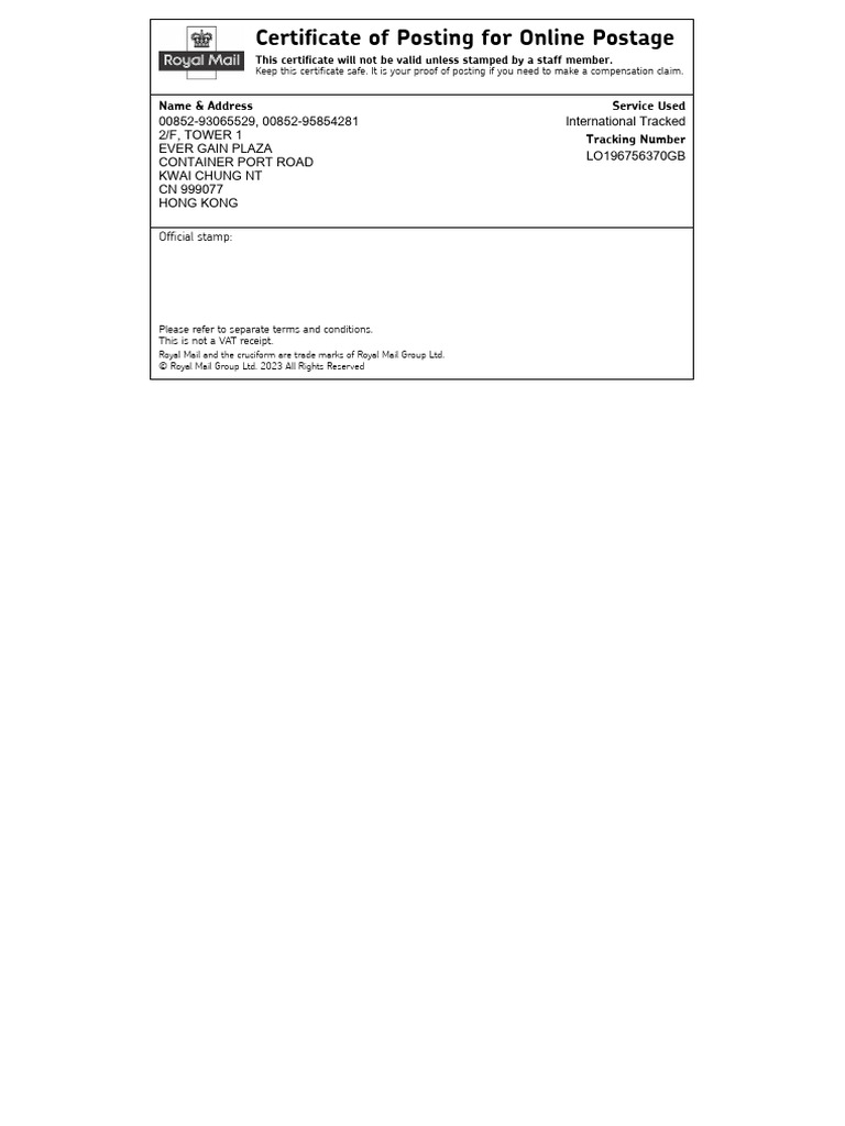 Online Postage Certificate of Posting | PDF