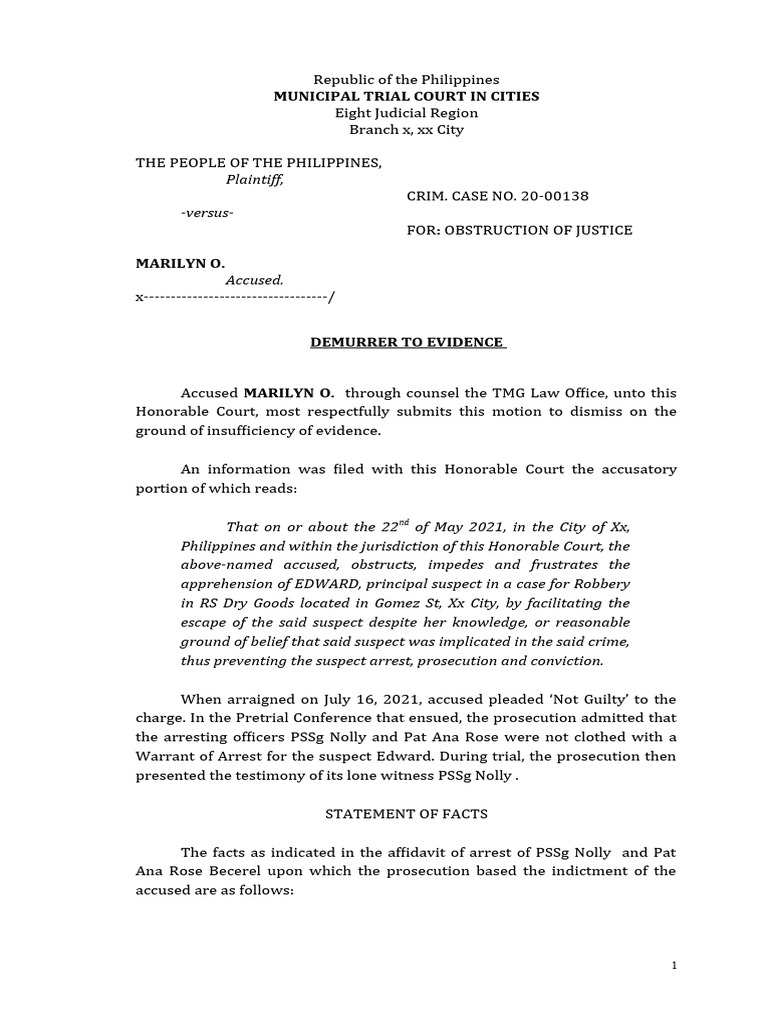 Demurrer to Evidence in Obstruction Case | PDF | Arrest | Arrest Warrant