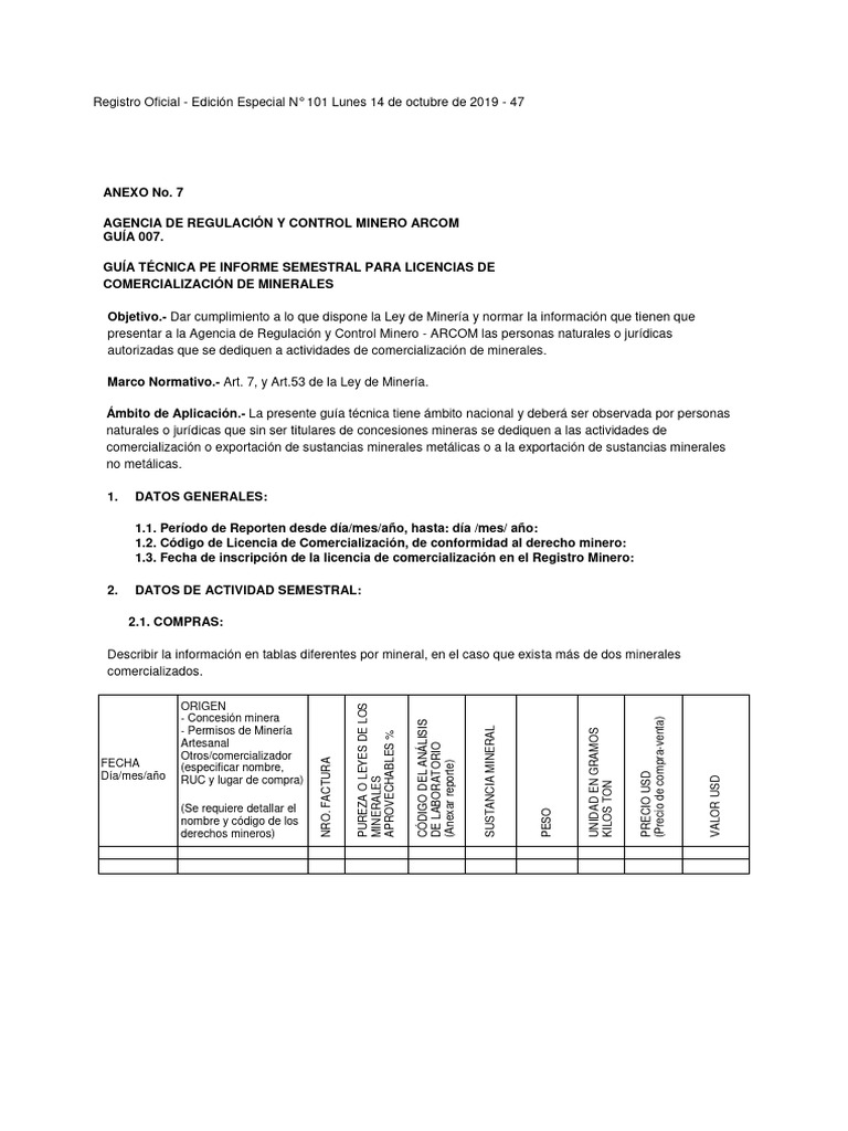 Guia t cnica 007 informe semestral para comercializacion de minerales