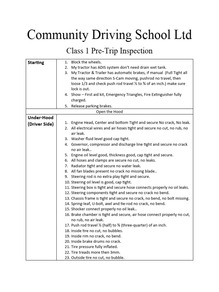 Class 1 CDL Pre-Trip Inspection Guide | PDF | Brake | Tractor