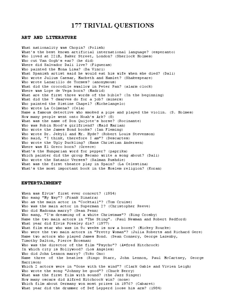 177 Trivial Questions Art and Literature PDF John Lennon Unrest