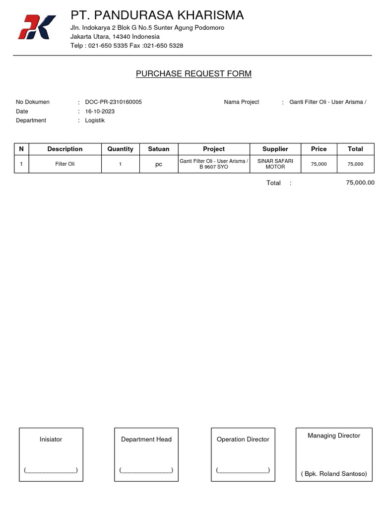 Purchase Request for Oil Filter Replacement | PDF