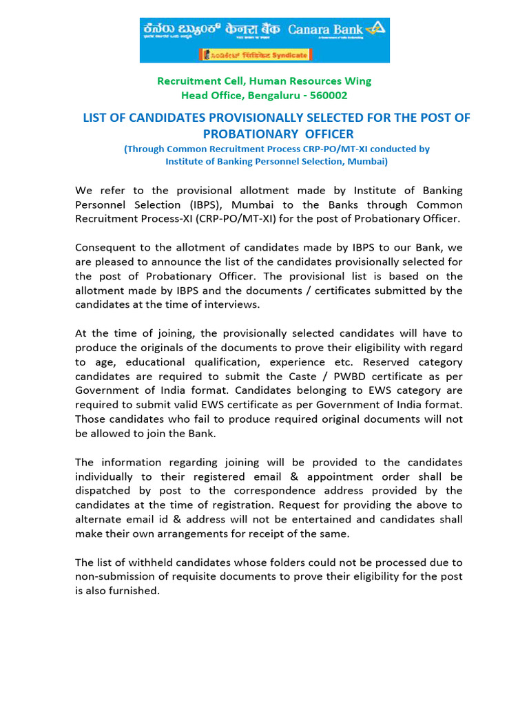 CRP XI PO Provisional Selection Web Publication | PDF | Human 