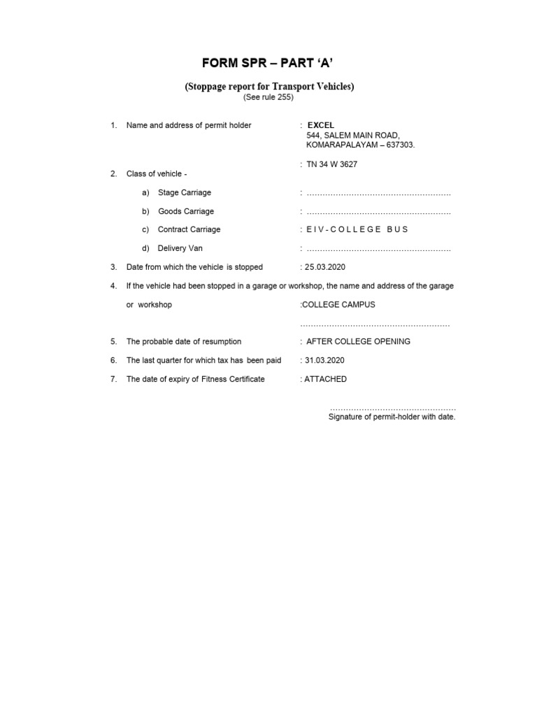 SPR Form | Download Free PDF | Transport | Vehicles