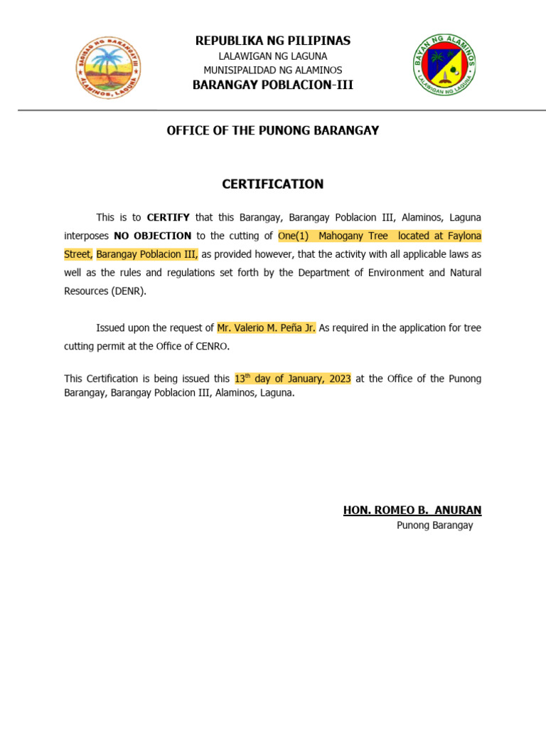 Barangay No Objection Certificate for Tree Cutting | PDF