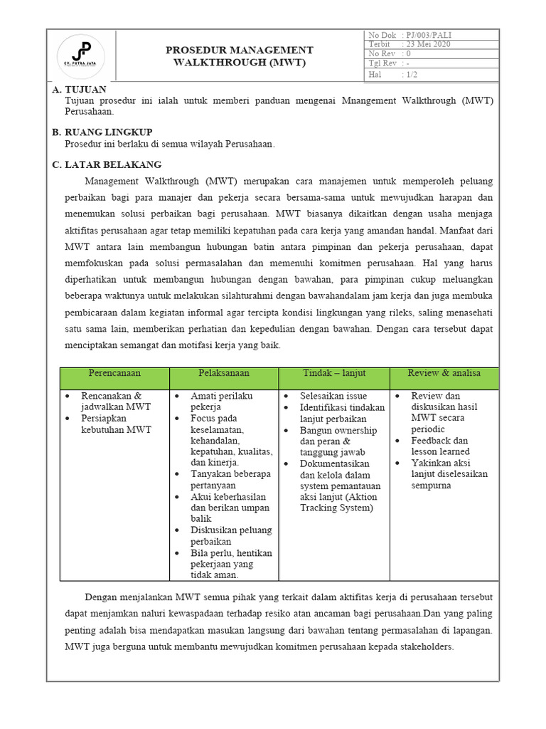 Prosedur Management Walkthrough (MWT) | PDF | Bisnis | Pengelolaan ...