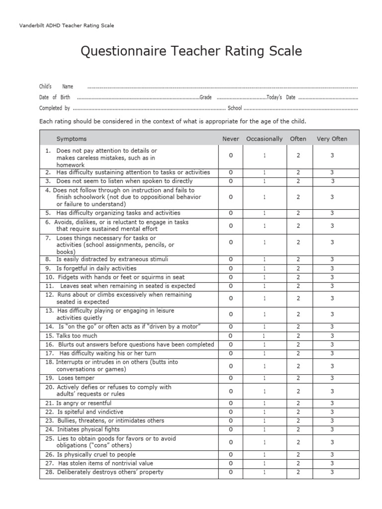 Vanderbilt scale parent and teacher download free pdf attention