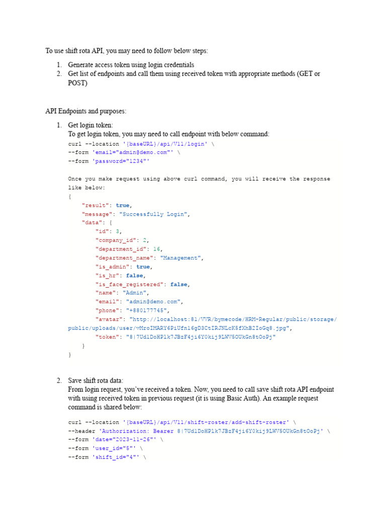 Shift Rota API Usage Guide | PDF | Login | Information Technology ...
