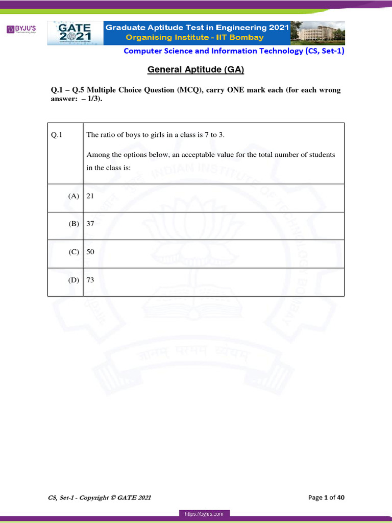 GATE Computer Science and Technology Set 1 Previous Year Question Paper ...