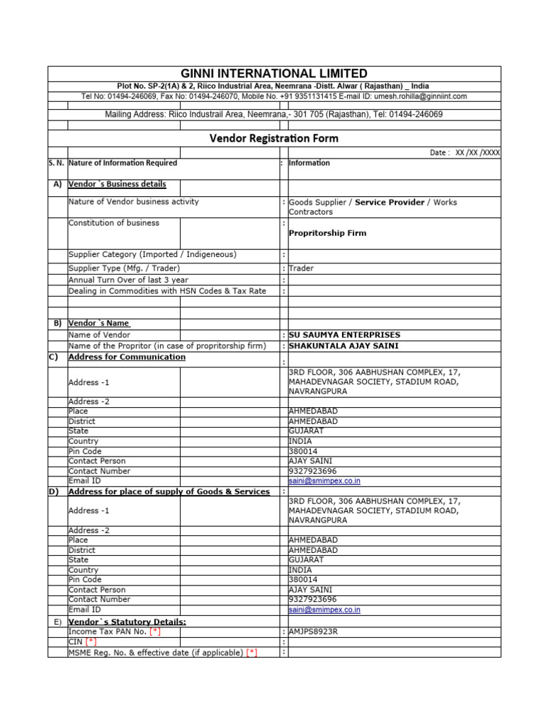 Vendor Registration Form | PDF | Value Added Tax | Taxes