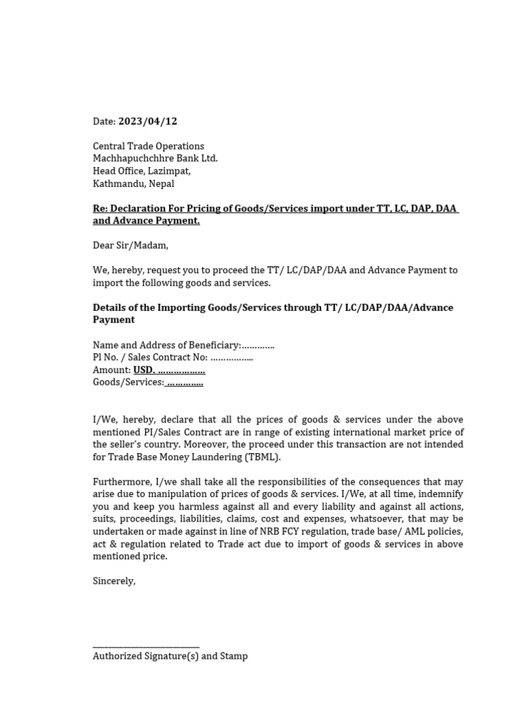 Pricing Declaration for Import Transactions | PDF | Finance & Money ...