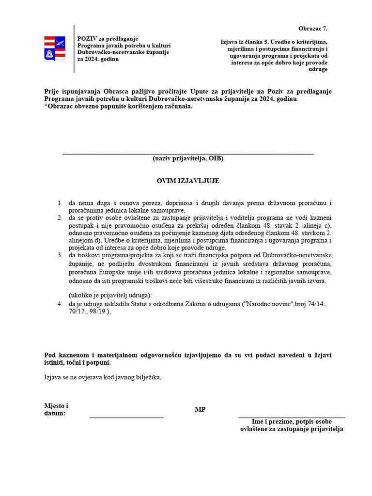 Obrazac 7. Izjava Iz Clanka 5. Uredbe 2024 | PDF