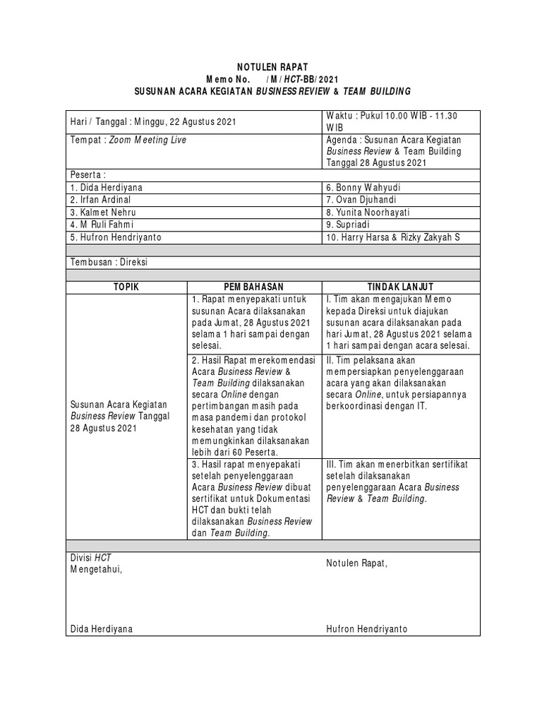 Notulen Rapat Business Review 2021 | PDF