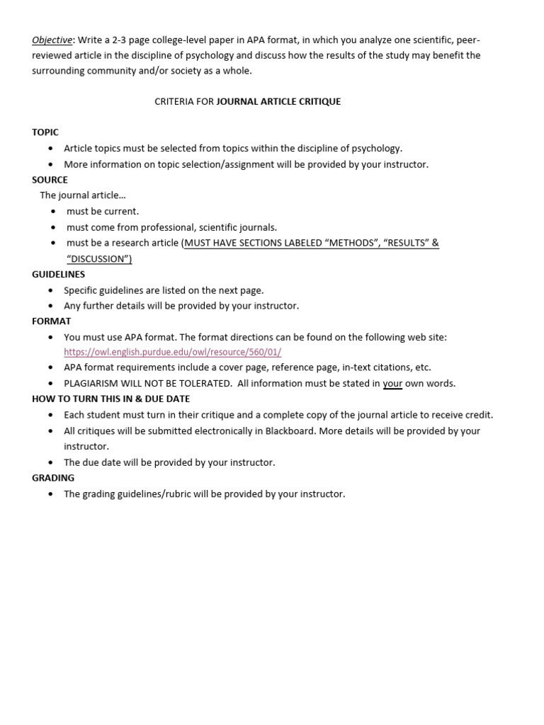 Scientific Journal Article Critique - Student Instructions | PDF ...