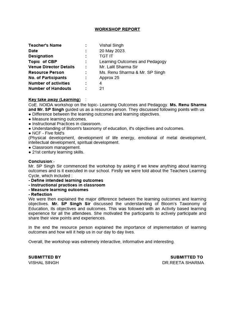 Learning Outcomes & Pedagogy Workshop Report | PDF | Career & Growth