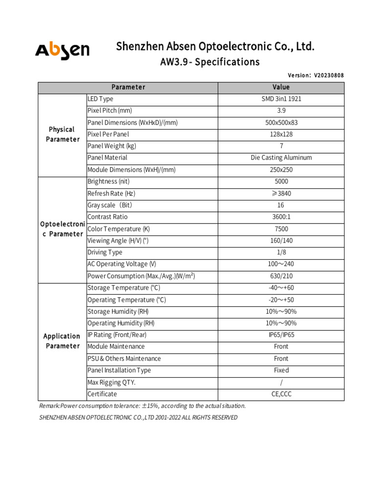 Absen AW3.9 LED Specifications | PDF | Electronic Engineering ...