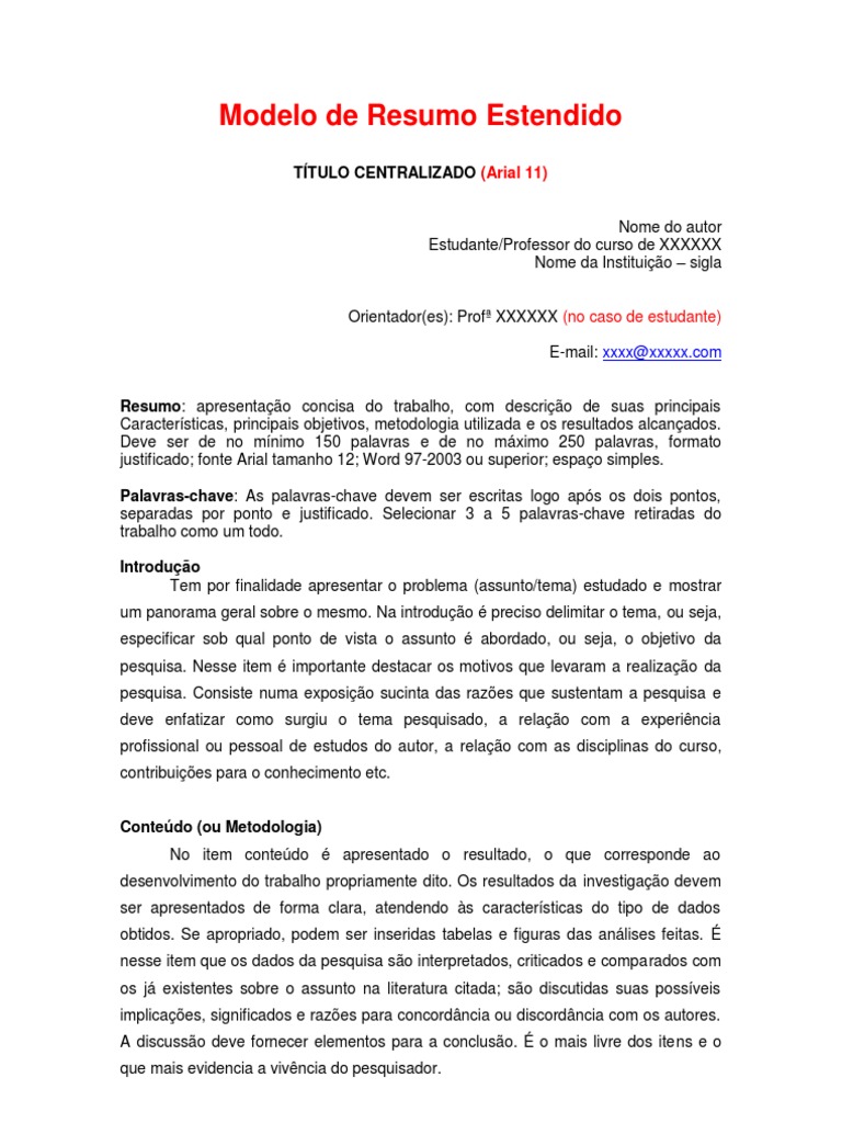 Modelo de Resumo Estendido Acadêmico | PDF | Science | Ciência (geral)