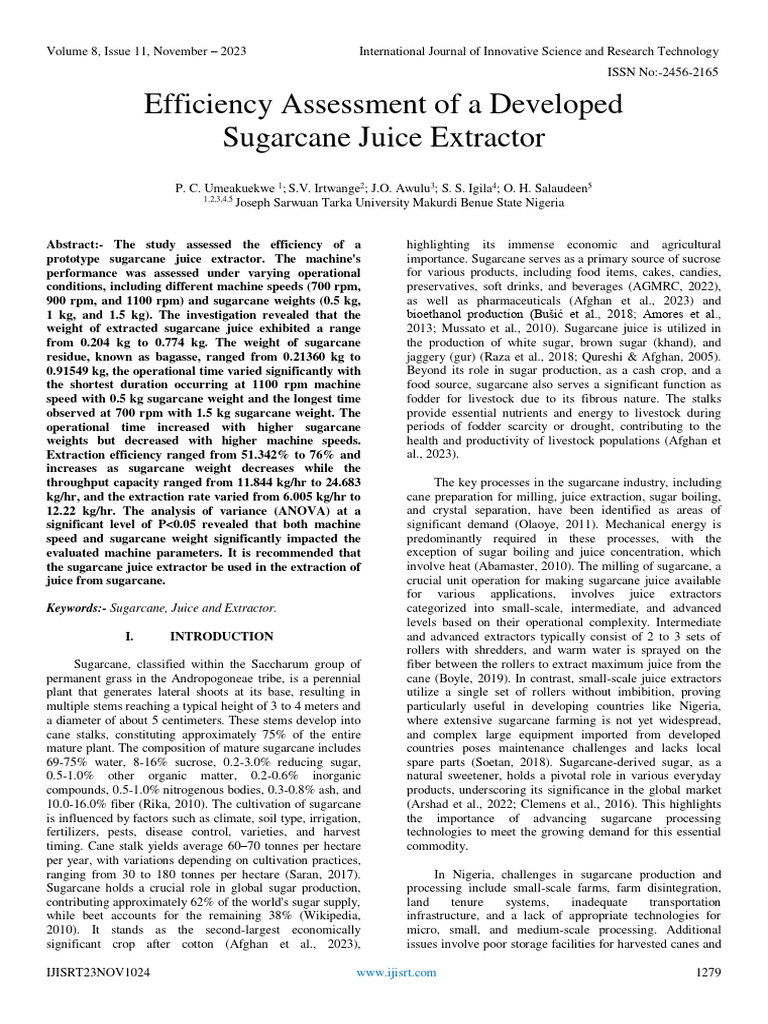 Efficiency assessment of a developed sugarcane juice extractor
