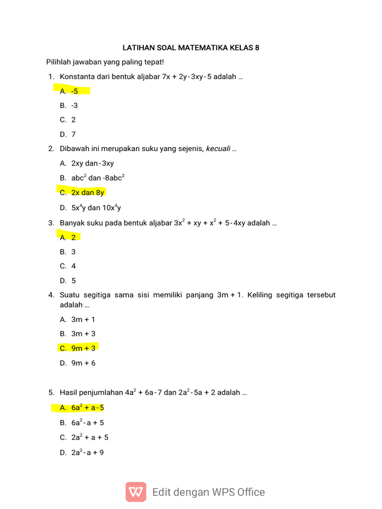 Latihan Soal Matematika Kelas 8 Pdf