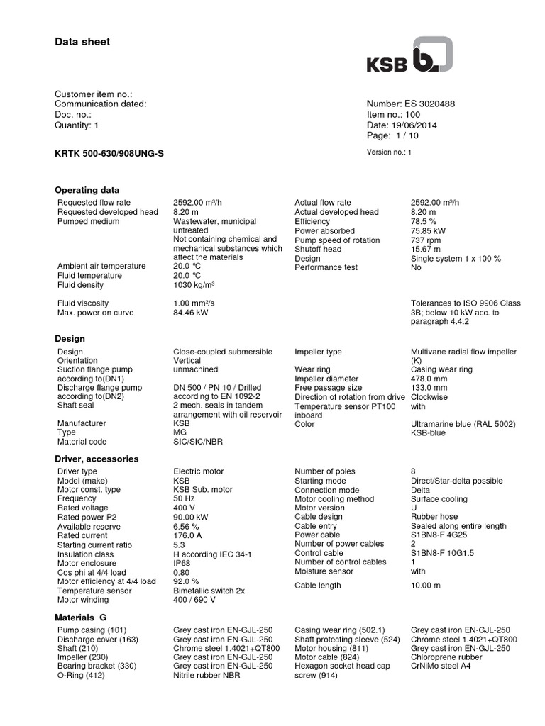 KSB Submersible Pump Data Sheet | PDF | Pump | Flow Measurement