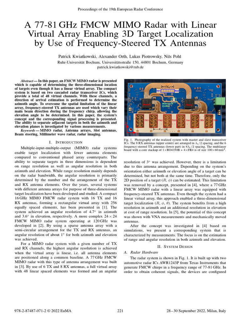 3D Target Localization with FMCW MIMO Radar | PDF | Radar | Antenna (Radio)