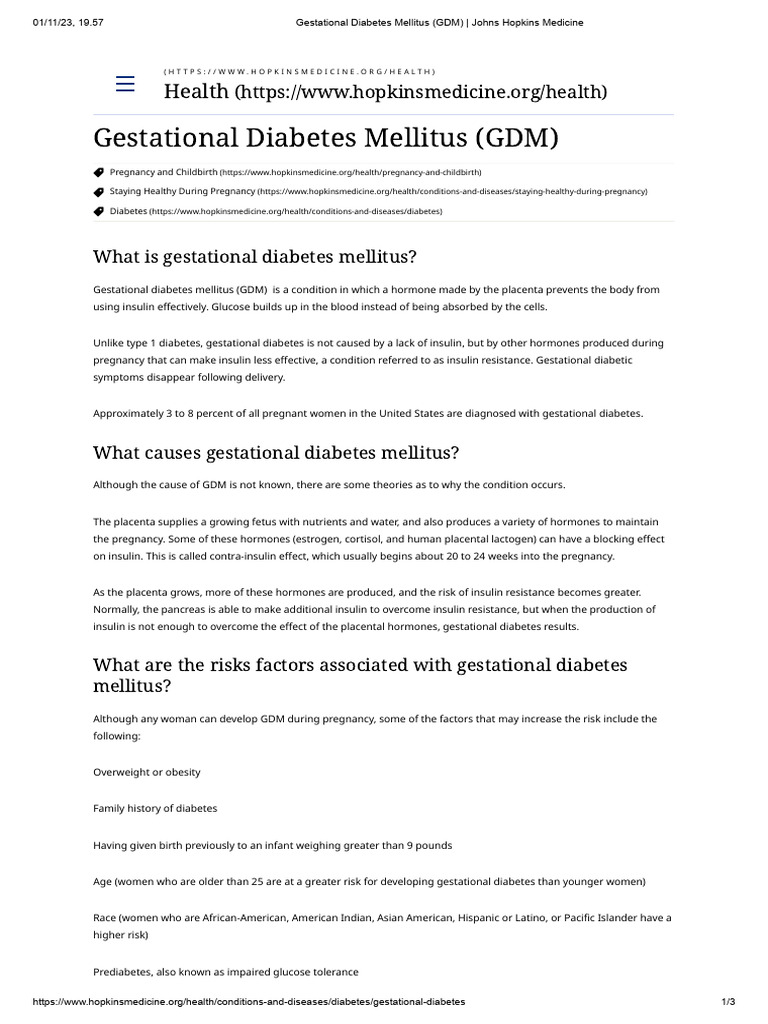 Gestational Diabetes Mellitus (GDM) - Johns Hopkins Medicine | PDF ...
