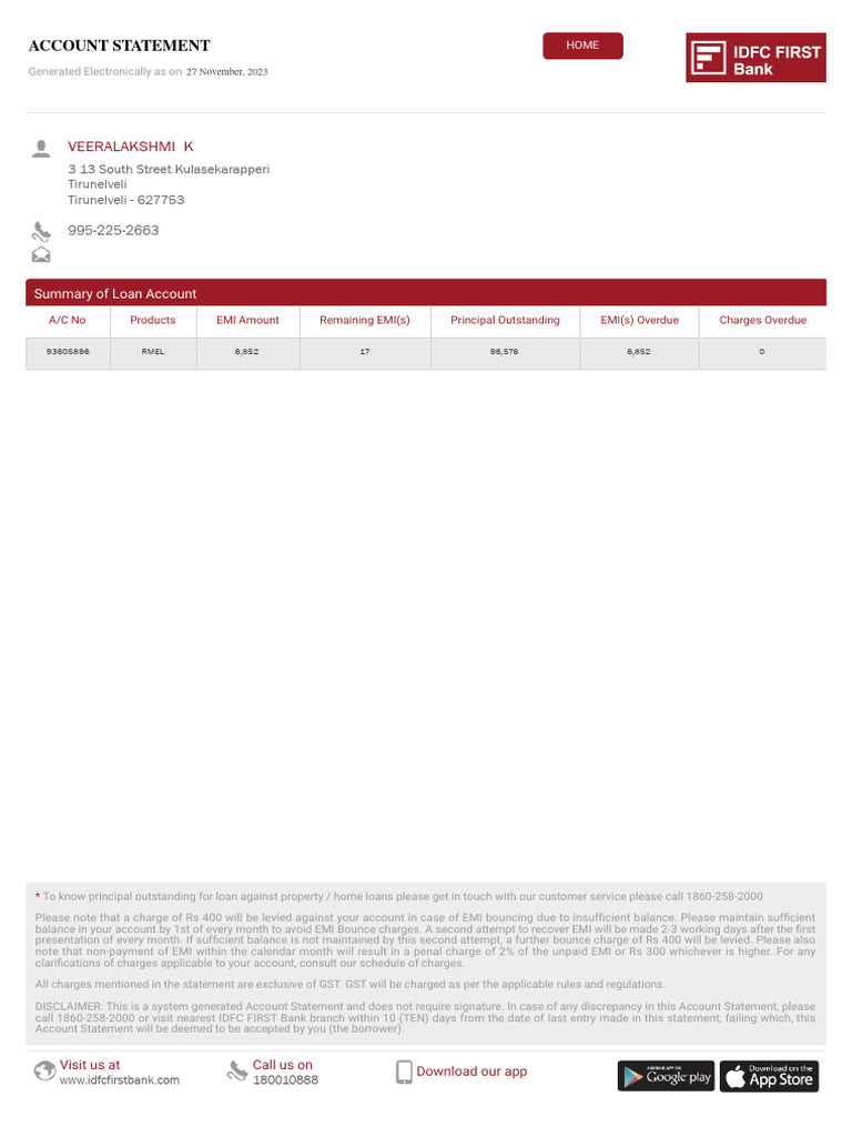 IDFC First Bank Loan Account Statement | PDF | Payments | Receipt