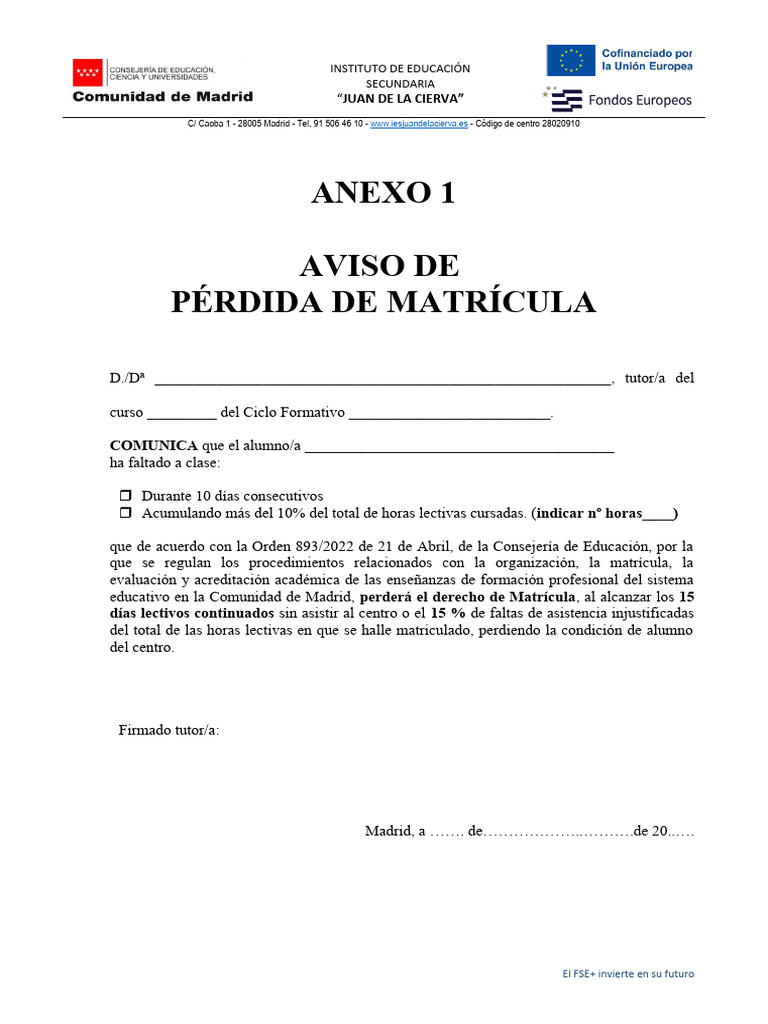 Anexo 1 aviso p rdida de matr cula 2023 pdf