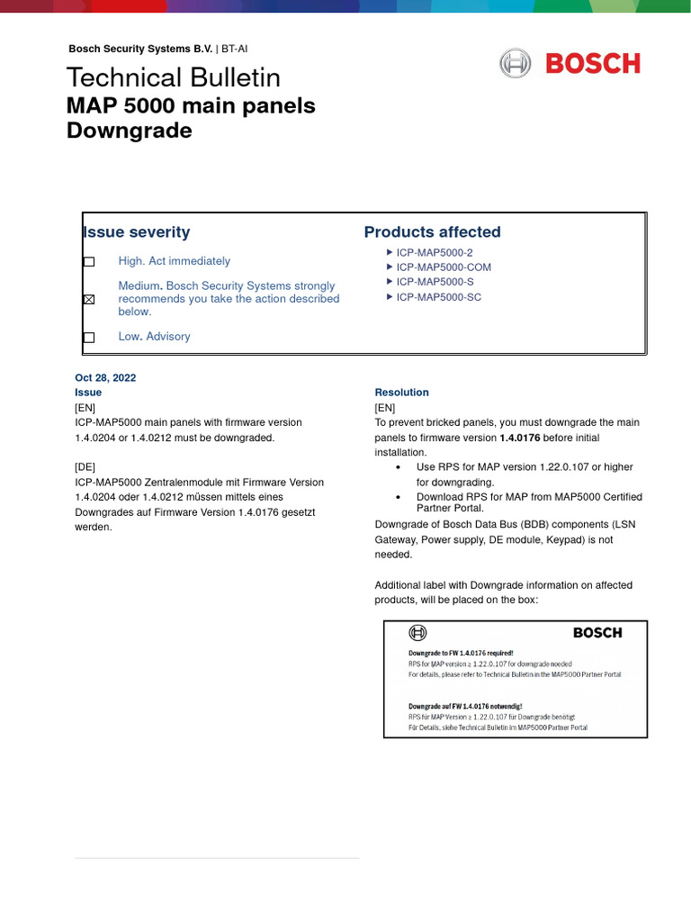 Technical Bulletin MAP 5000 Main Panel FW Downgrade | PDF
